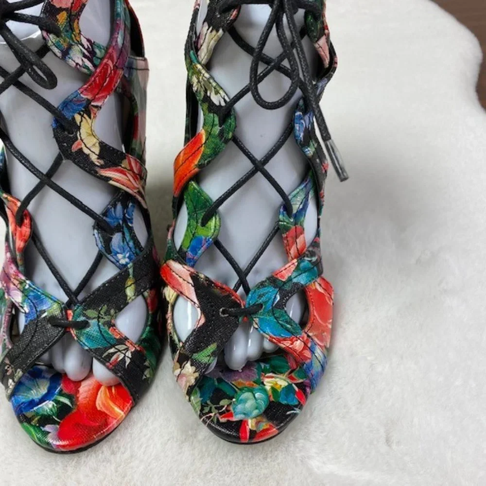Madden Girl Dita Floral Lace‎ Up Stilettos Open Toe Heels, size 8
